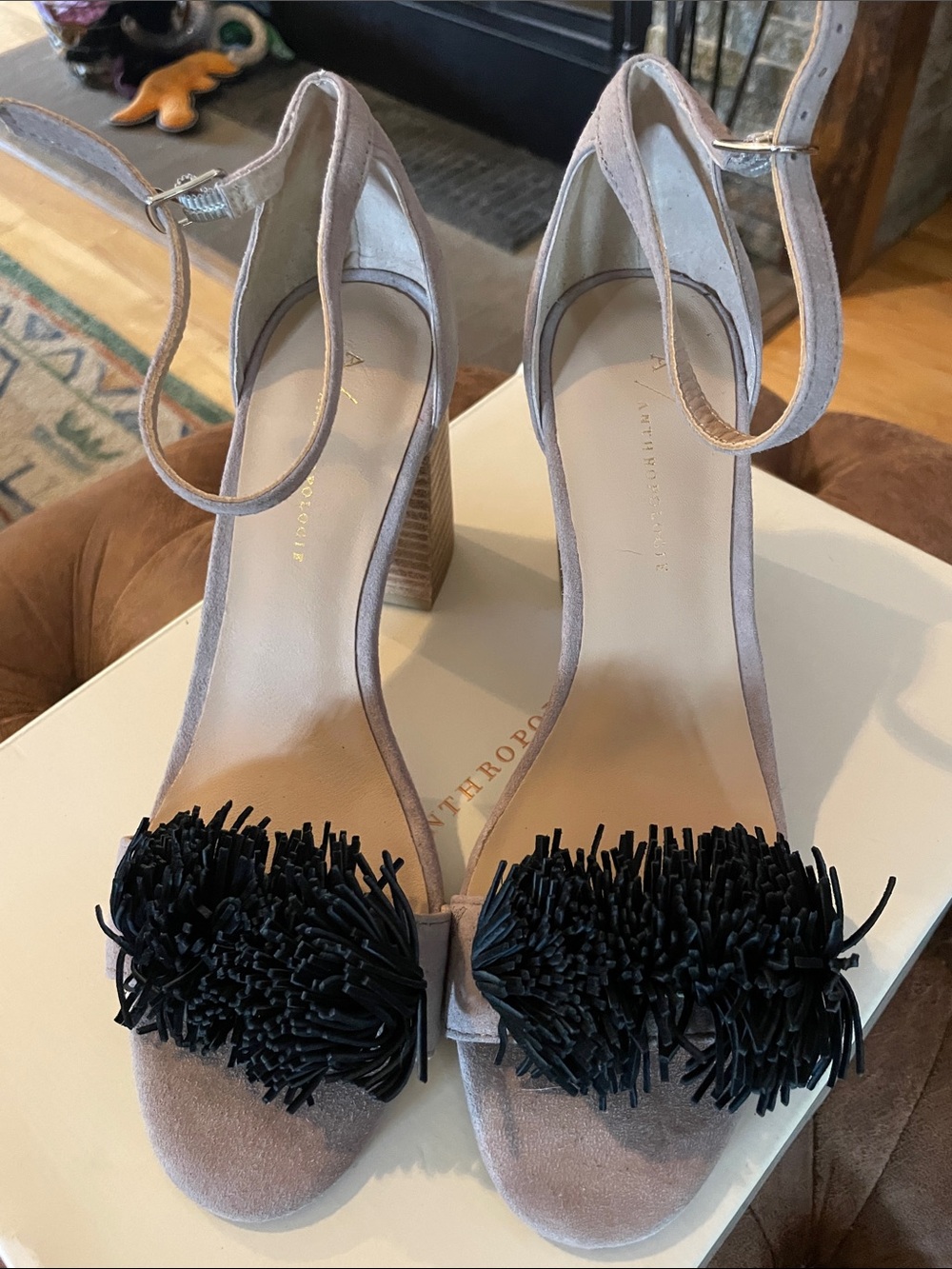Anthro Ankle-Strap Suede Block Heel Sandals with Black Pom Detail - Women